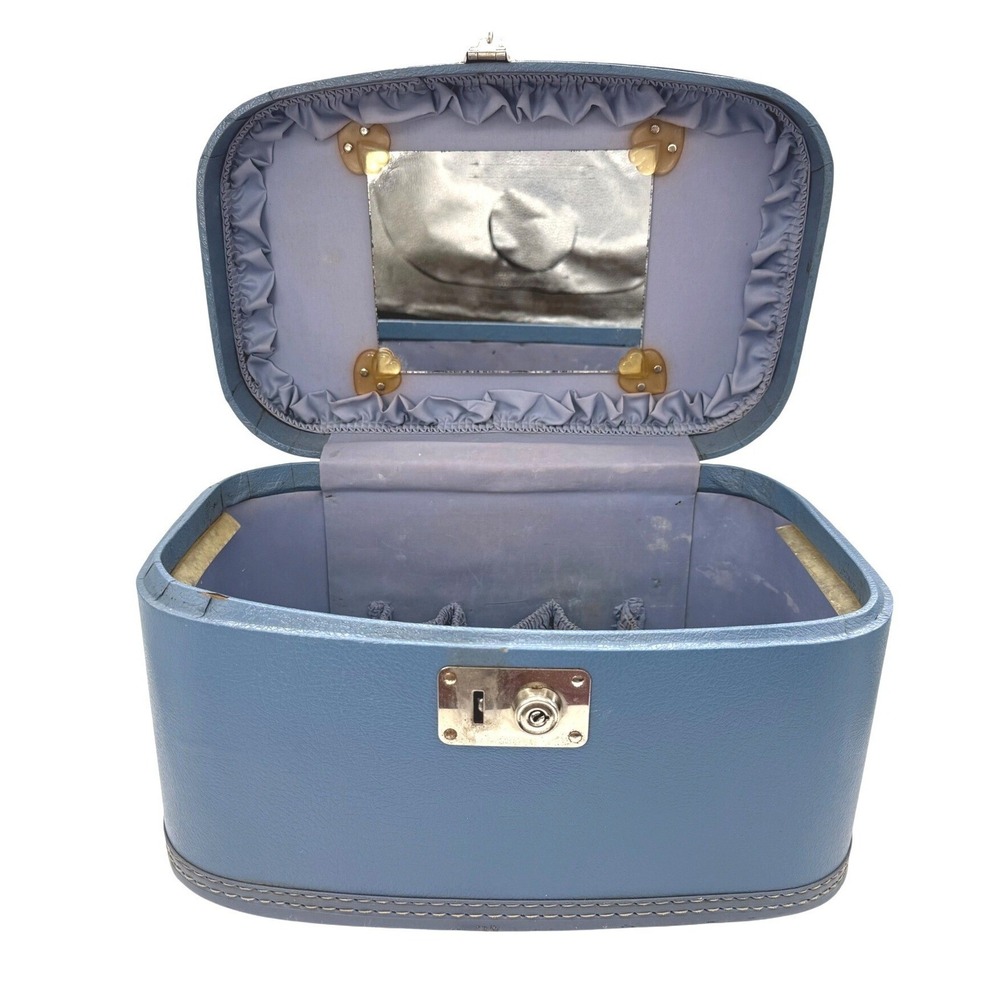 Vintage Blue Hard Shell Train Case Travel Vanity Makeup Box Mirror Retro Glam